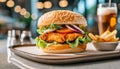 Close-up of delicious fresh tasty chicken burger on table. Cafe interior. Tasty fast food Royalty Free Stock Photo