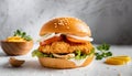 Close-up of delicious fresh tasty chicken burger on table. Tasty fast food Royalty Free Stock Photo