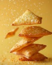 Close up of Delicious Golden Brown Pastries Suspended in Mid Air with Sugar Sprinkles on Yellow Background Royalty Free Stock Photo