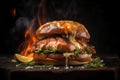 Close up of delicious grilled salmon burger on wooden board with flames on background, Generative AI Royalty Free Stock Photo