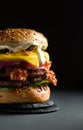 Close-up of delicious home made burger with bacon, cheese, onion and tomato on a dark background with copy space Royalty Free Stock Photo