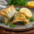 Close-up of Delicious Homemade Spinach Phyllo Triangles with Lemon, Appetizer or Snack Idea Royalty Free Stock Photo