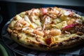 close up delicious italian seafood pizza with shrimp cheese prawn topping Royalty Free Stock Photo