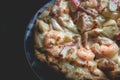 Close up delicious italian seafood pizza with shrimp cheese praw Royalty Free Stock Photo