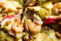 Close up delicious italian seafood pizza with shrimp cheese praw Royalty Free Stock Photo