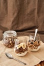 Close up of delicious layered dessert in glass jar, Homemade yogurt with granola and berries, Granola baked with nuts Royalty Free Stock Photo
