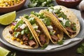 Close up of delicious Mexican Tacos with beef meat, al Pastor tacos with sliced onions, fresh cilantro, corn and lime wedges