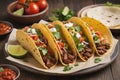 Close up of delicious Mexican Tacos with beef meat, al Pastor tacos with sliced onions, fresh cilantro, tomato and lime wedges, Royalty Free Stock Photo