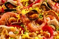 Close up of delicious seafood paella with prawns Royalty Free Stock Photo