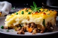 Close-up of delicious Shepard\'s pie with golden-brown mashed potato topping and rich, savory meat filling
