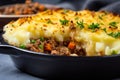 Close-up of delicious Shepard\'s pie with golden-brown mashed potato topping and rich, savory meat filling