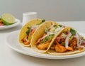 Close-up of delicious tacos filled with grilled chicken, fresh vegetables, and garnished with lime wedges, making it visually Royalty Free Stock Photo