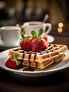 Viennese waffles are poured with liquid chocolate on a plate