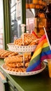 Close up of delicious waffles with a lgtbq rainbow flag. Royalty Free Stock Photo