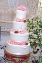 Close-up of delicious white wedding cake decorated with pink roses Royalty Free Stock Photo