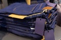 Close up denim jeans stacked in shop Royalty Free Stock Photo