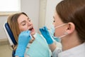 Close-up of a dentist in a mask and a patient, a dentist performing dental treatment on a patient. Dentistry, modern dental clinic