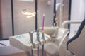Close-up of dentist tools and equipment at a dental clinic, a tooth medical office, and medical tools Royalty Free Stock Photo