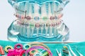 Close up dentist tools and orthodontic model. Royalty Free Stock Photo