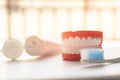 Close up Denture with toothpaste Toothbrush on blurred background.Metaphor for oral, dentures jaw toothy healthcare protect Royalty Free Stock Photo