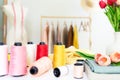 Close up designer fashion items and equipment material for work designer in the showroom. Royalty Free Stock Photo
