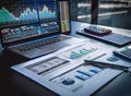 Close-Up of Desk with Financial Charts on Laptop, Financial Statement Documents, Calculator, and Stationery