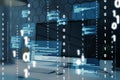 Close up of desktop with computers and abstract coding binary code hologram. Artificial intelligence and development concept. Royalty Free Stock Photo