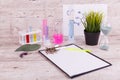 Close-up desktop of lab worker. Test tubes and flasks Royalty Free Stock Photo