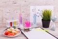 Close-up desktop of lab worker. Test tubes and flasks Royalty Free Stock Photo