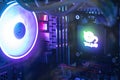 Close-up Desktop PC Gaming and water cooling cpu with LED RGB light show status