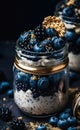 A close up of a dessert in a jar renaissance blue and black color scheme