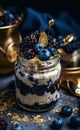 A close up of a dessert in a jar renaissance blue and black color scheme