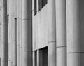 Close up detail of an angled textured grey concrete brutalist building with geometric shapes on the 1960s roger stevens building