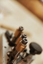 Close-up detail with artistic blur of a Hinge drilling jig for w