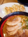 Hot miso ramen with fried gyoza, Osaka, Japan