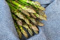 Close-up detail bunch of fresh raw green asparagus plant harvested at season on blue rustic fabric kitchen background