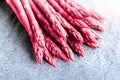 Close-up detail bunch of fresh raw green asparagus plant harvested at season on grey fabric kitchen toned Color of the