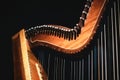 Close-up of a Celtic natural wood finish harp neck and bridge with tuning pins and strings