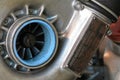 Close up detail of czechoslovakian turbocharger with fan blades and center axle