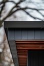 close up detail of dark grey alucobond cladding on the roof, wood slats behind it, contemporary architecture Royalty Free Stock Photo
