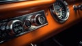 Close up detail with the dashboard interior of a vintage car, Luxurious leather interior of a retro car control panel Royalty Free Stock Photo