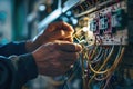 Close up detail of an electrician hands working with wires and fuse switch box Royalty Free Stock Photo