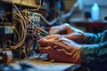 Close up detail of an electrician hands working with wires and fuse switch box Royalty Free Stock Photo