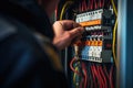 Close up detail of an electrician hands working with wires and fuse switch box Royalty Free Stock Photo