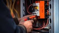 Close up detail of an electrician hands working with wires and fuse switch box Royalty Free Stock Photo