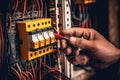 Close up detail of an electrician hands working with wires and fuse switch box. Generative AI Royalty Free Stock Photo