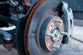 Close-up detail front disc brake on car