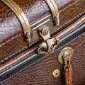 Close-up detail of the locks and handle of an antique crocodile skin suitcase.