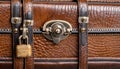Close-up detail of the locks and handle of an antique crocodile skin suitcase.