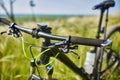 Close-up of detail of the mountain bicycle on the green grass.